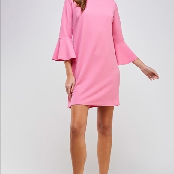 2 Hearts Solid Pink Bell Sleeve Shift Dress - Picture 4 of 8
